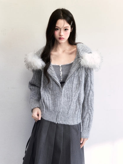 Cable-Knit Hoodie With Faux Fur Trim