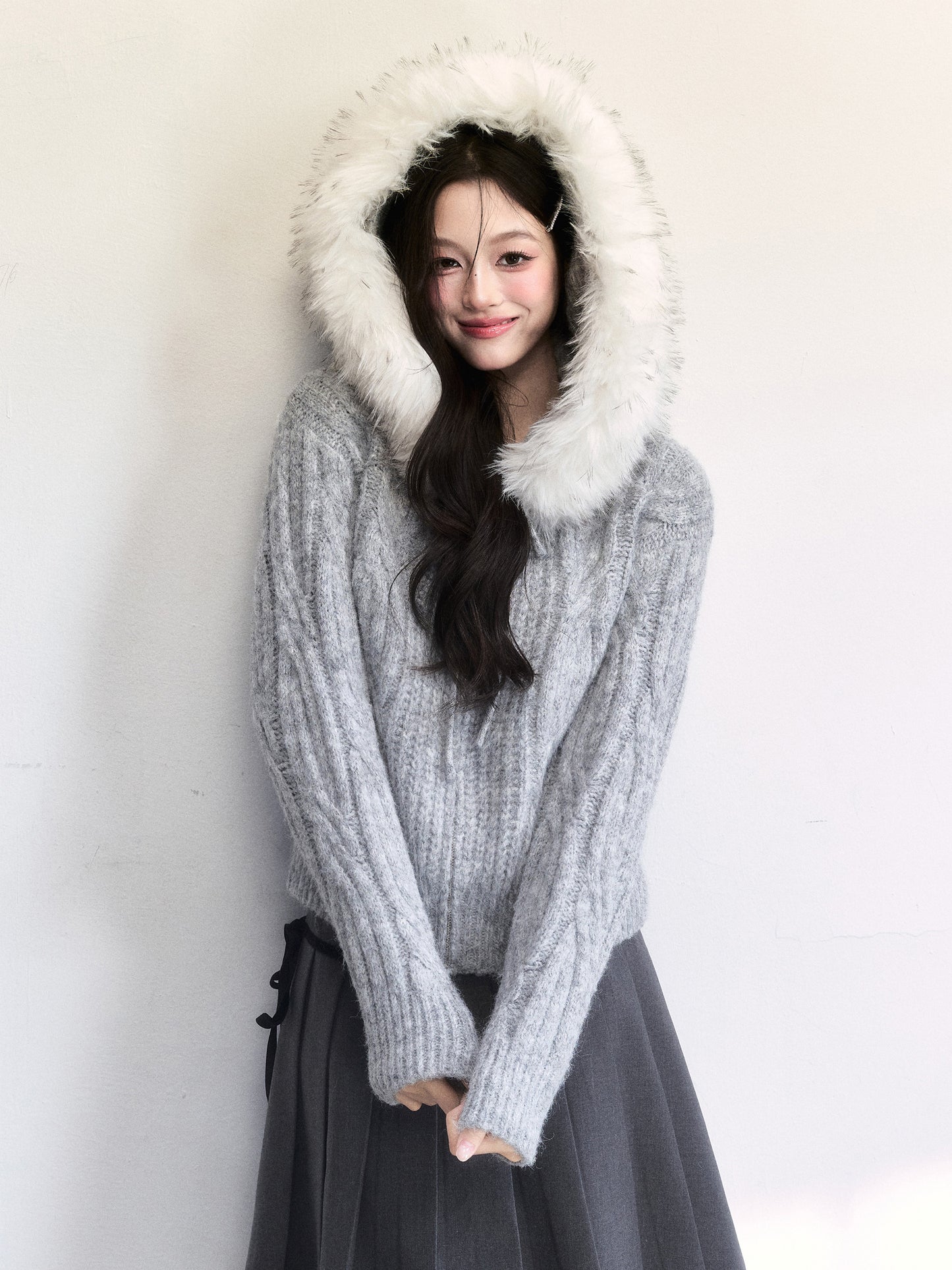 Cable-Knit Hoodie With Faux Fur Trim