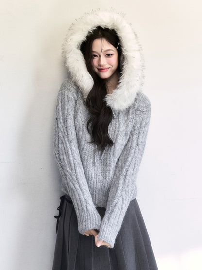 Cable-Knit Hoodie With Faux Fur Trim