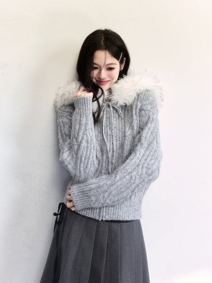 Cable-Knit Hoodie With Faux Fur Trim