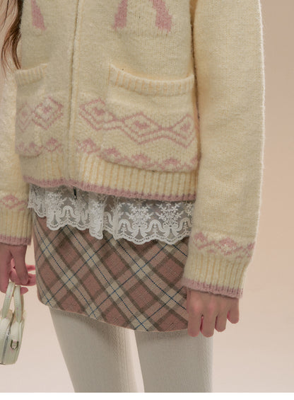 Fair Isle Bow Motif Zip-Up Sweater With Pockets