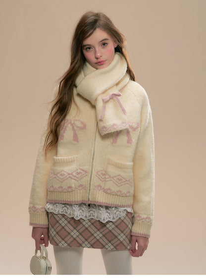 Fair Isle Bow Motif Zip-Up Sweater With Pockets