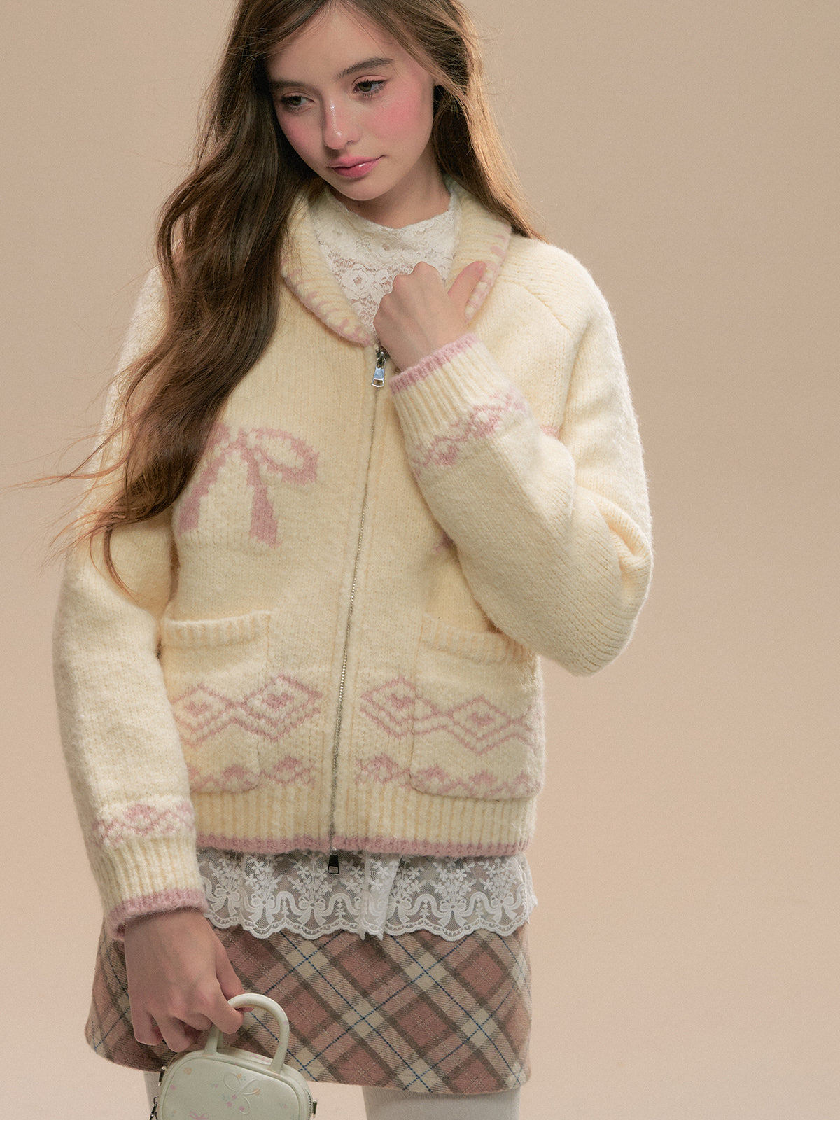 Fair Isle Bow Motif Zip-Up Sweater With Pockets