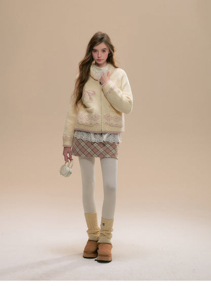 Fair Isle Bow Motif Zip-Up Sweater With Pockets