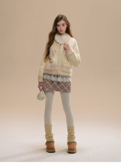 Fair Isle Bow Motif Zip-Up Sweater With Pockets