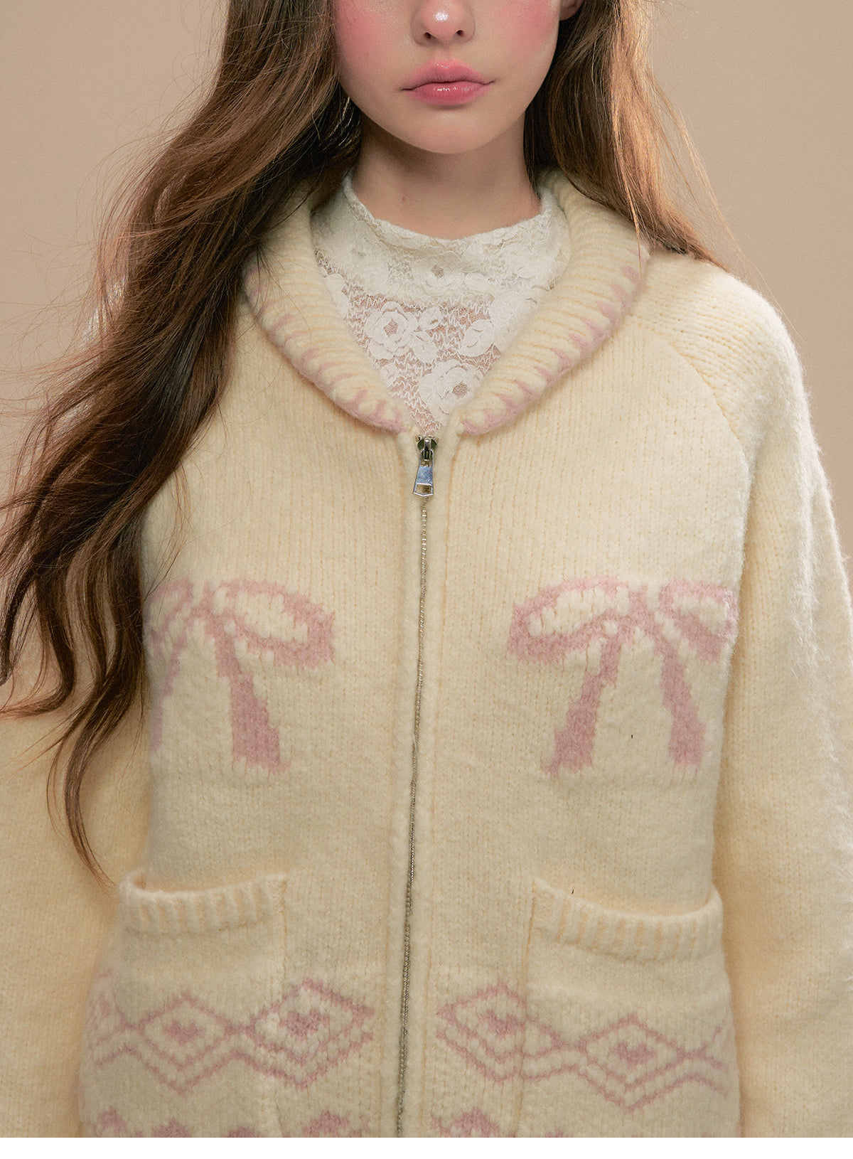 Fair Isle Bow Motif Zip-Up Sweater With Pockets