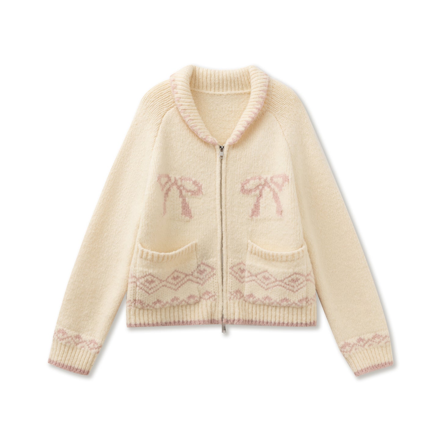 Fair Isle Bow Motif Zip-Up Sweater With Pockets