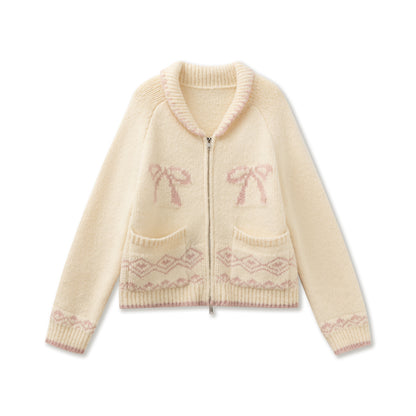 Fair Isle Bow Motif Zip-Up Sweater With Pockets