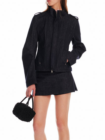 Stand Collar Zip-Up Denim Jacket