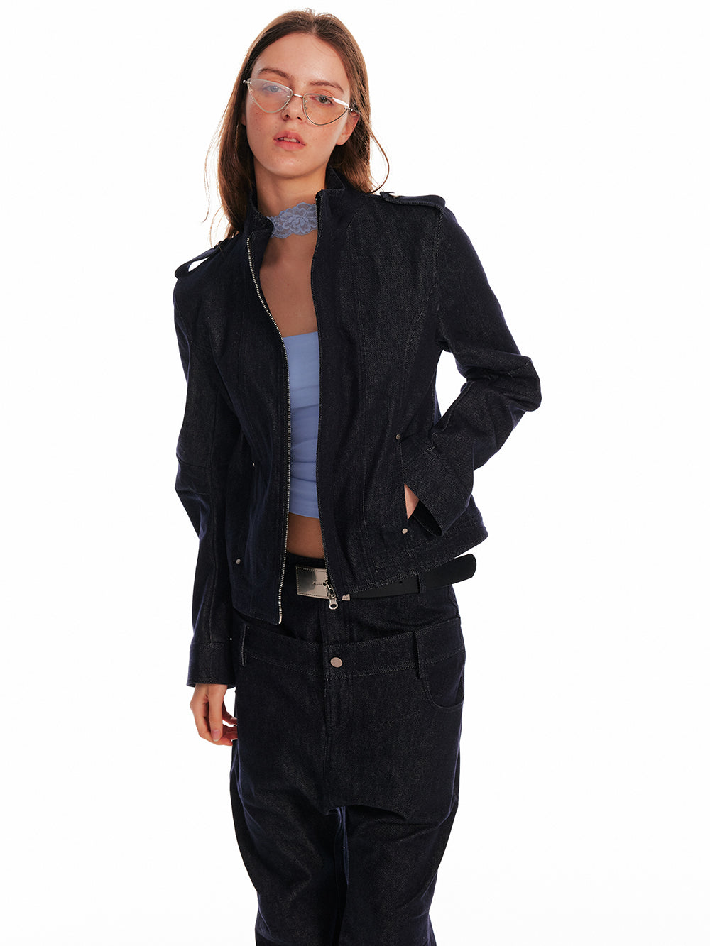 Stand Collar Zip-Up Denim Jacket