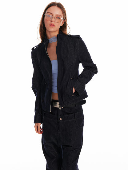Stand Collar Zip-Up Denim Jacket