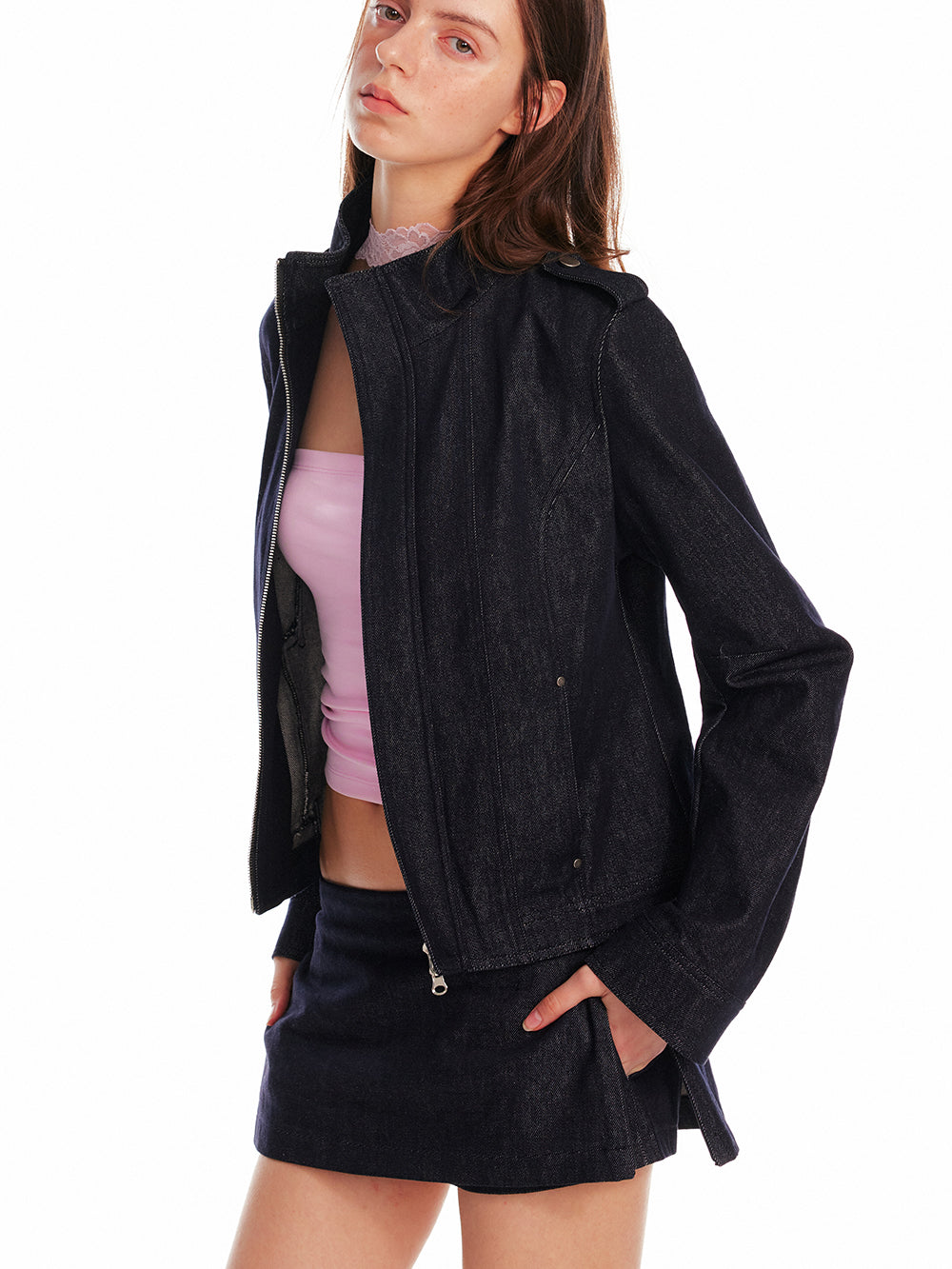Stand Collar Zip-Up Denim Jacket