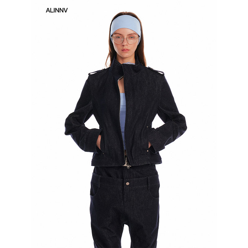 Stand Collar Zip-Up Denim Jacket