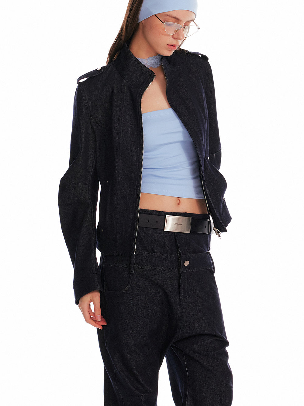 Stand Collar Zip-Up Denim Jacket