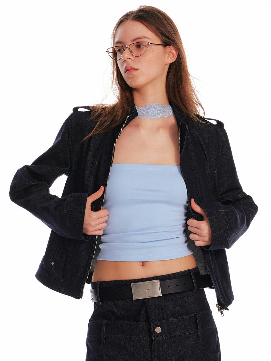 Stand Collar Zip-Up Denim Jacket