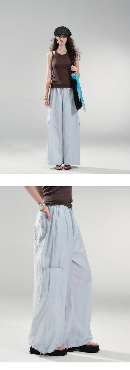 Drawstring Nylon Cargo Wide Pants