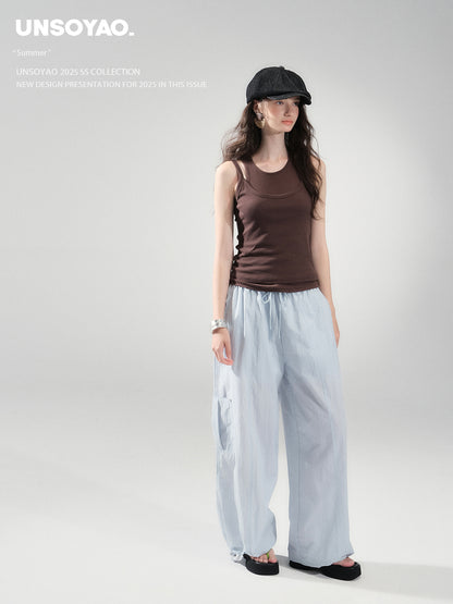 Drawstring Nylon Cargo Wide Pants