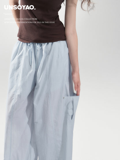 Drawstring Nylon Cargo Wide Pants