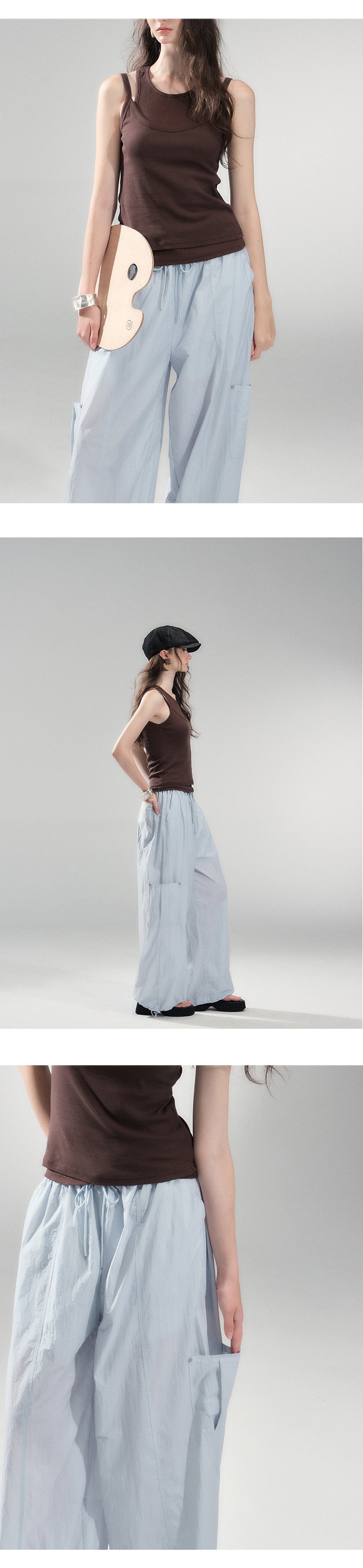 Drawstring Nylon Cargo Wide Pants
