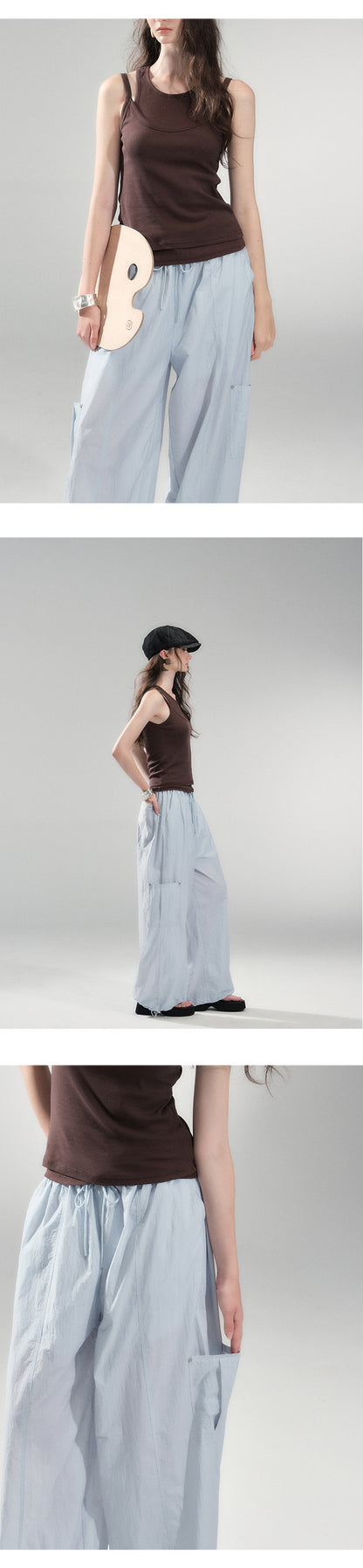 Drawstring Nylon Cargo Wide Pants