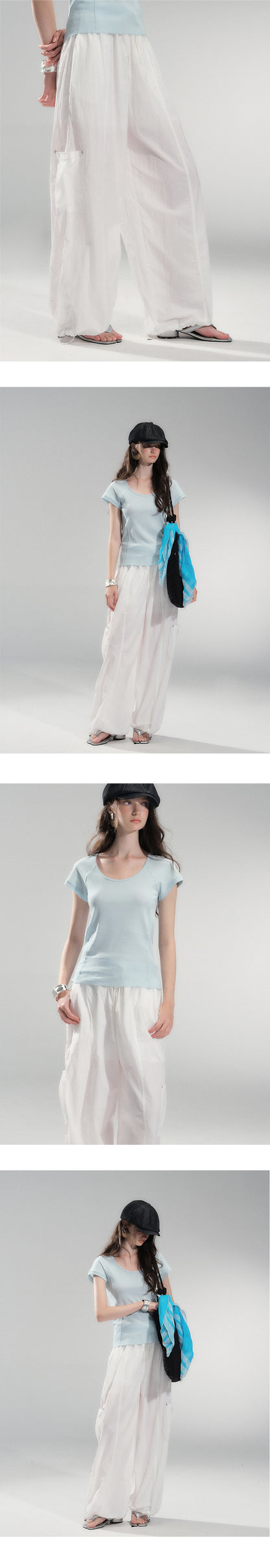 Drawstring Nylon Cargo Wide Pants