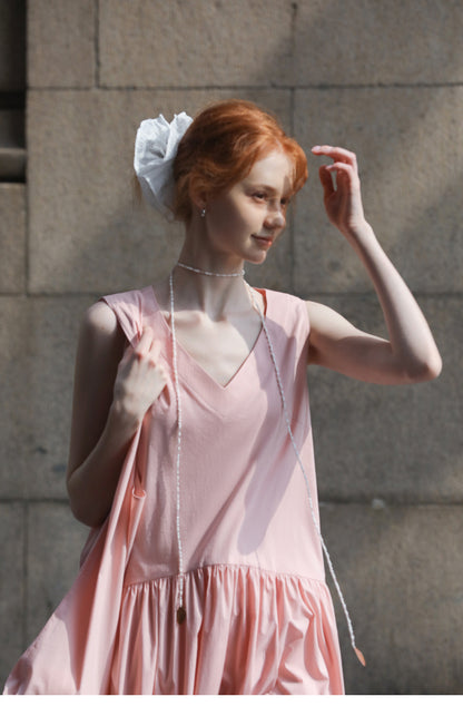V-Neck Sleeveless Gathered Midi Dress