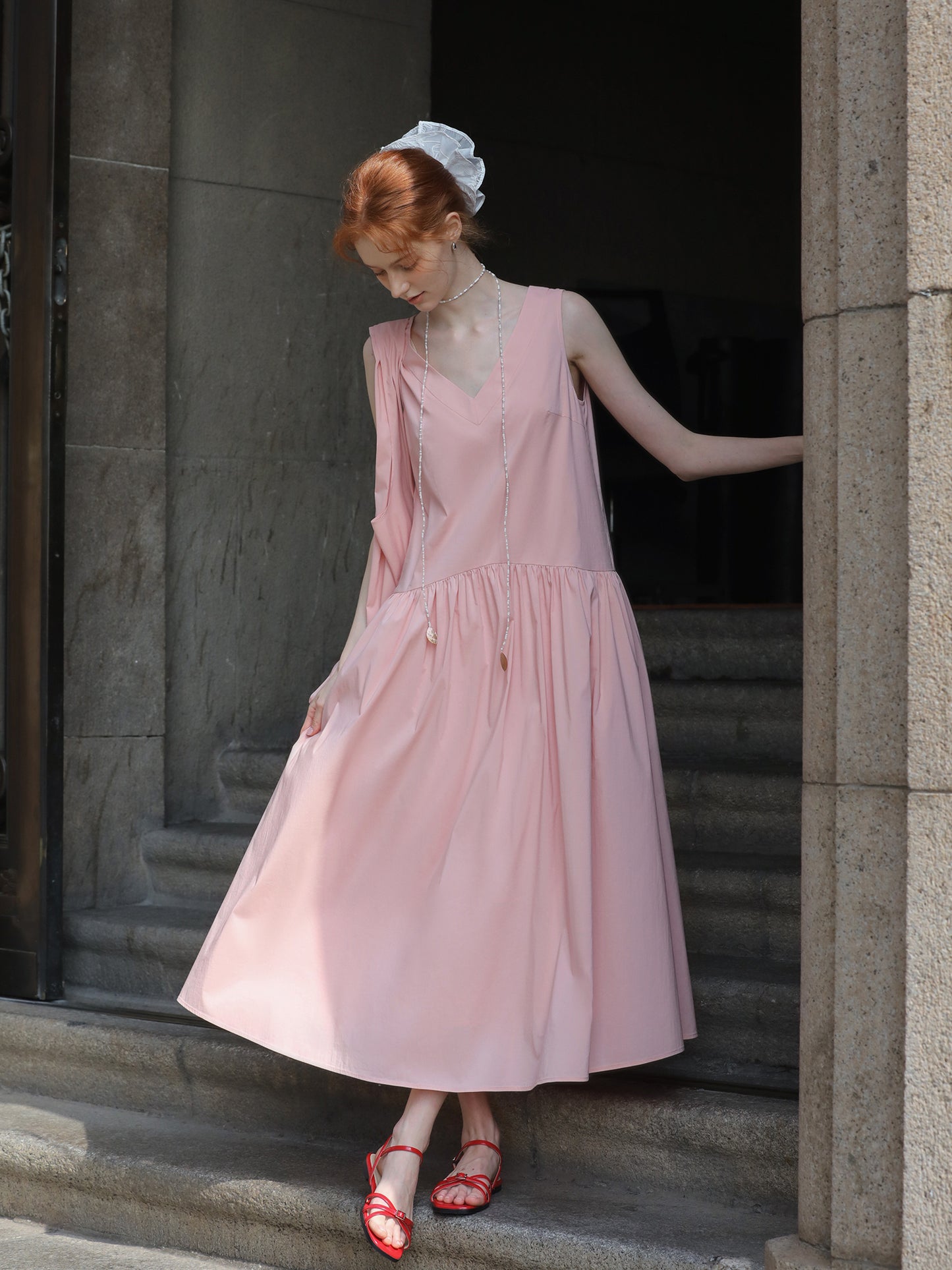 V-Neck Sleeveless Gathered Midi Dress