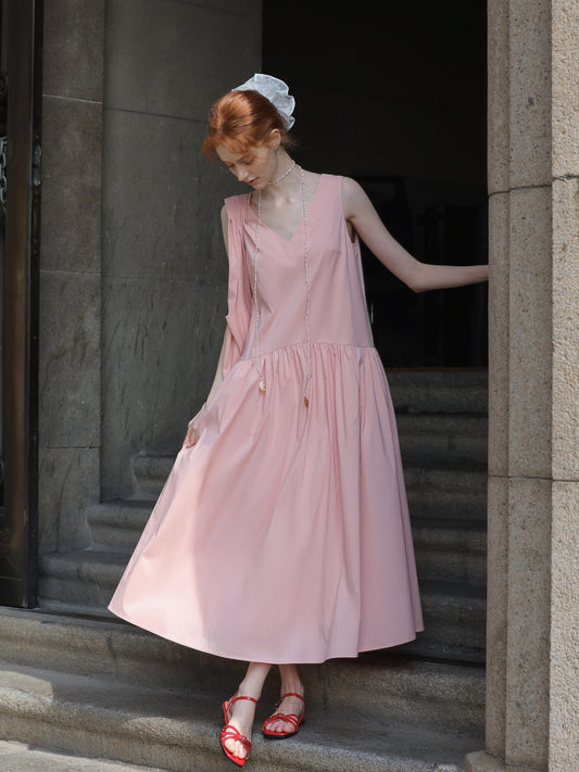 V-Neck Sleeveless Gathered Midi Dress