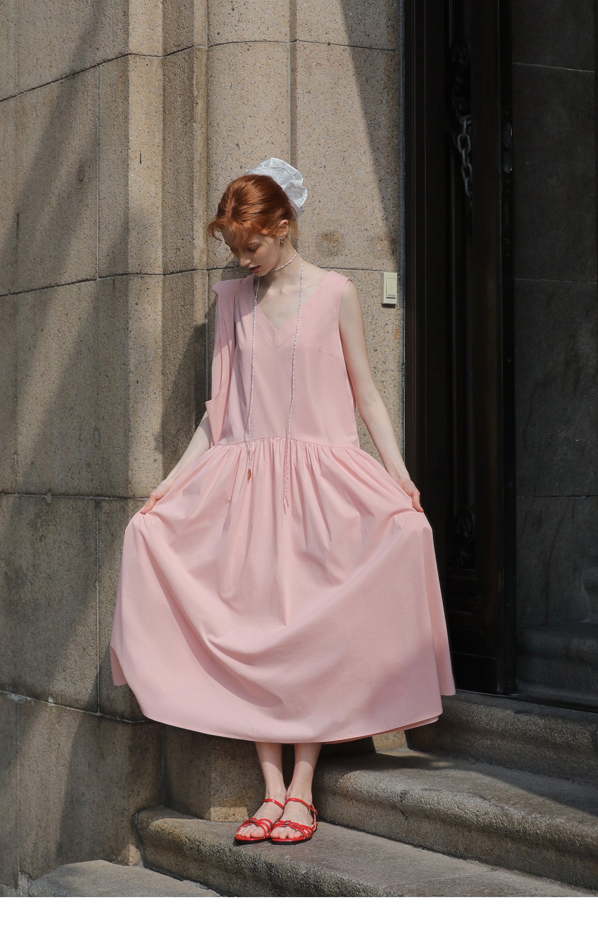 V-Neck Sleeveless Gathered Midi Dress