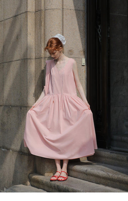 V-Neck Sleeveless Gathered Midi Dress
