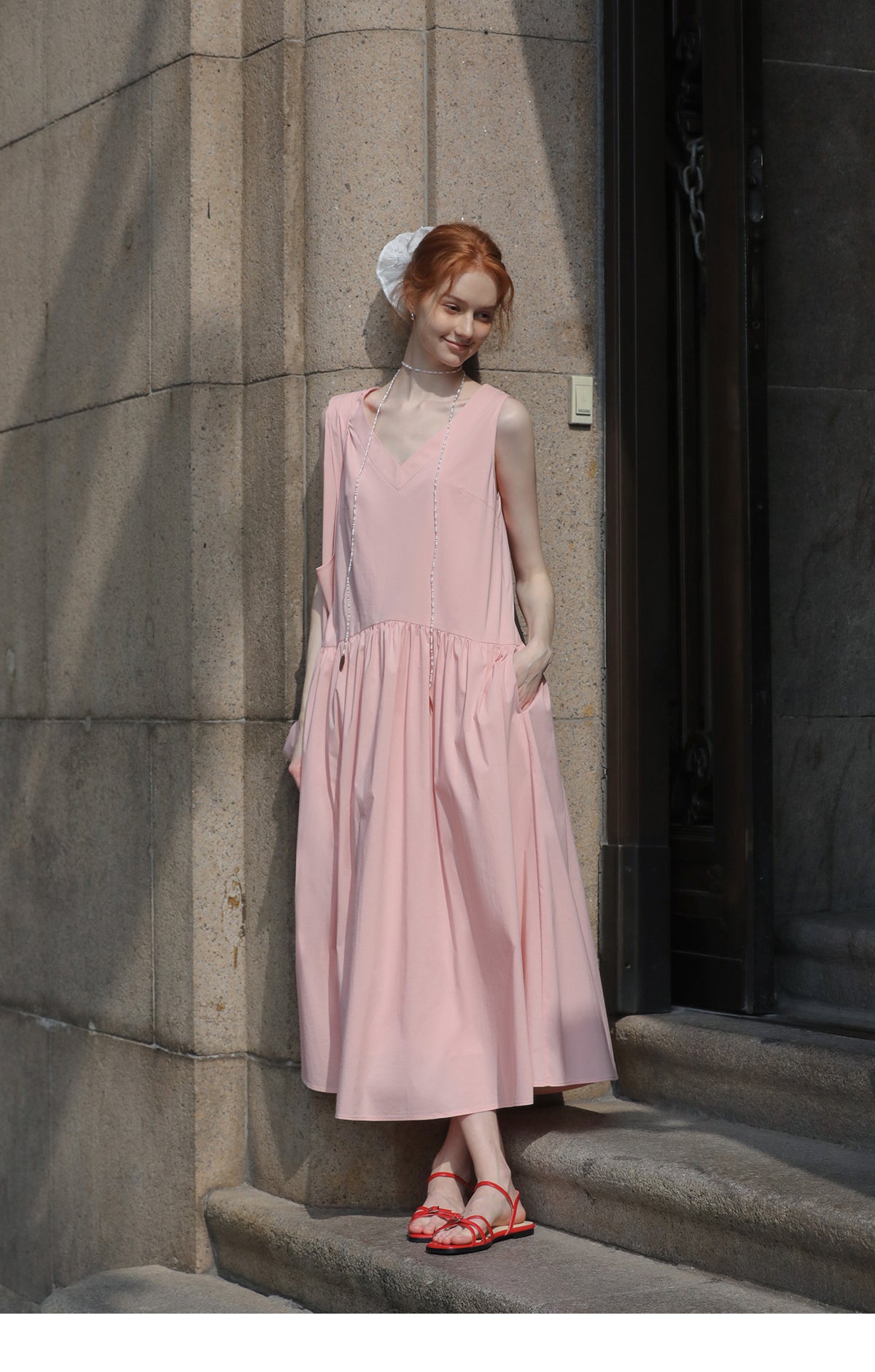 V-Neck Sleeveless Gathered Midi Dress