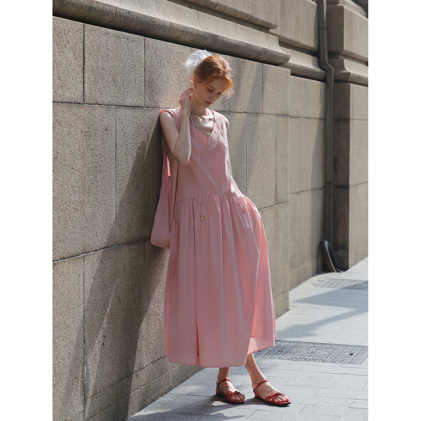 V-Neck Sleeveless Gathered Midi Dress