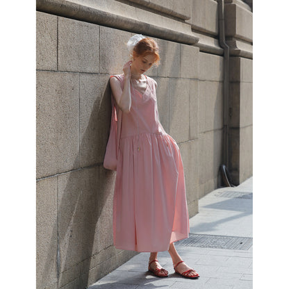 V-Neck Sleeveless Gathered Midi Dress
