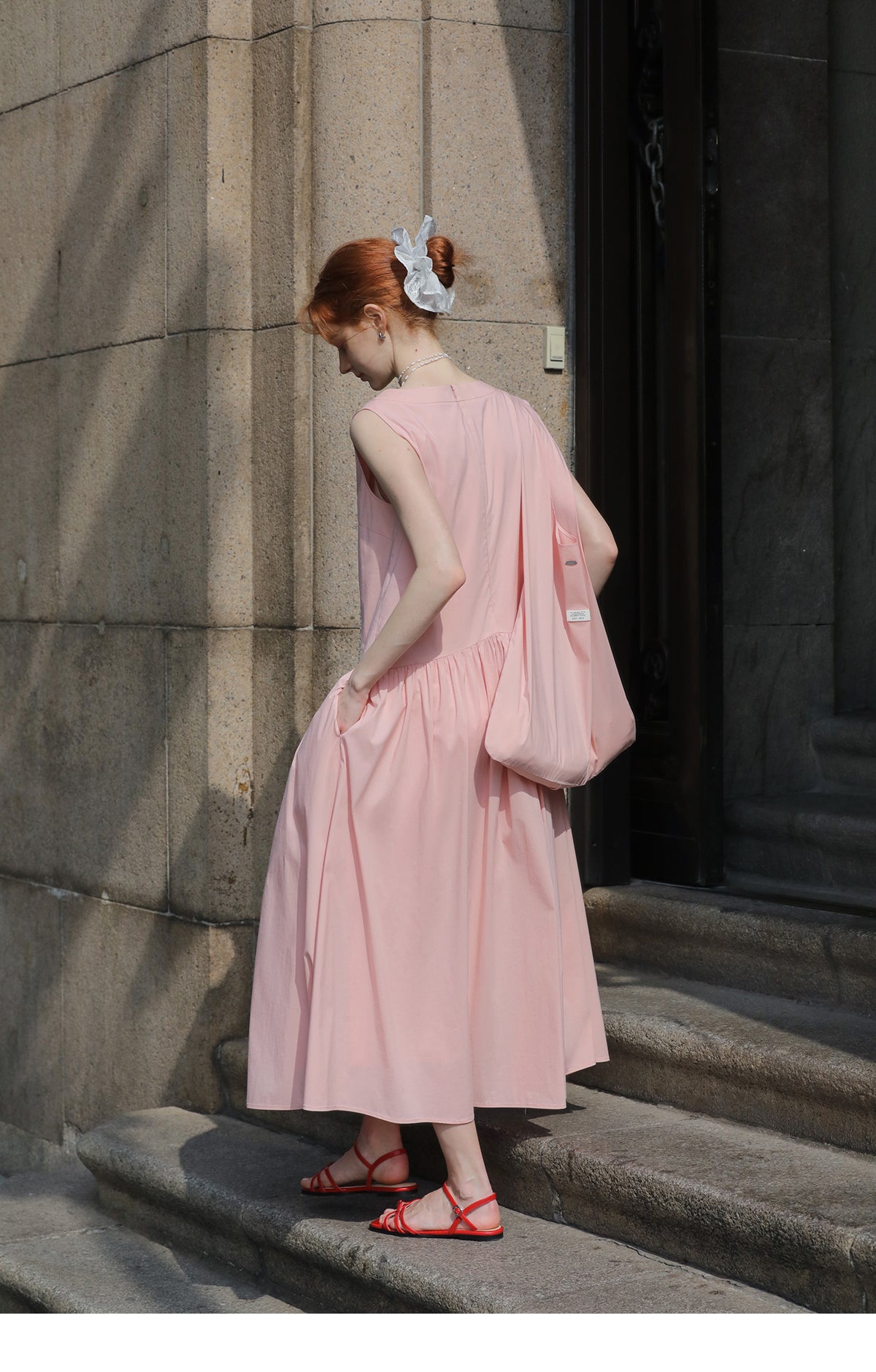 V-Neck Sleeveless Gathered Midi Dress
