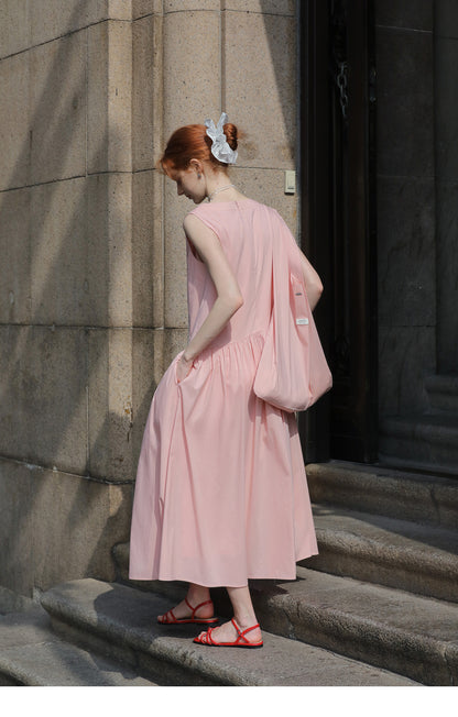 V-Neck Sleeveless Gathered Midi Dress