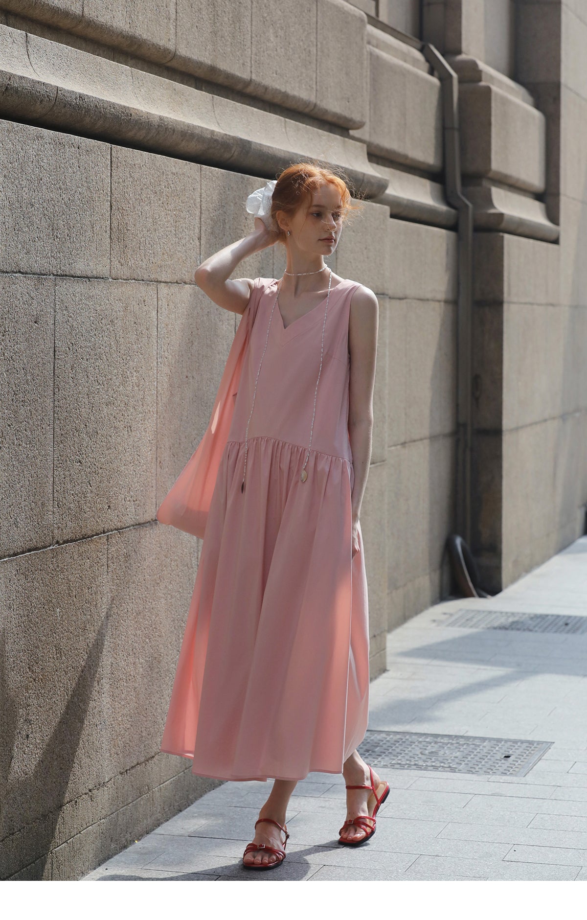 V-Neck Sleeveless Gathered Midi Dress