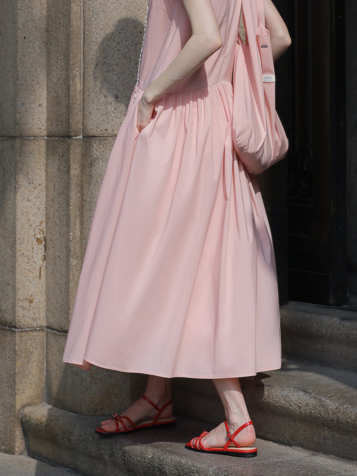 V-Neck Sleeveless Gathered Midi Dress