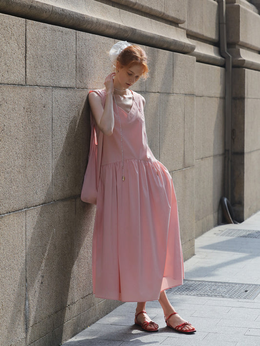 V-Neck Sleeveless Gathered Midi Dress