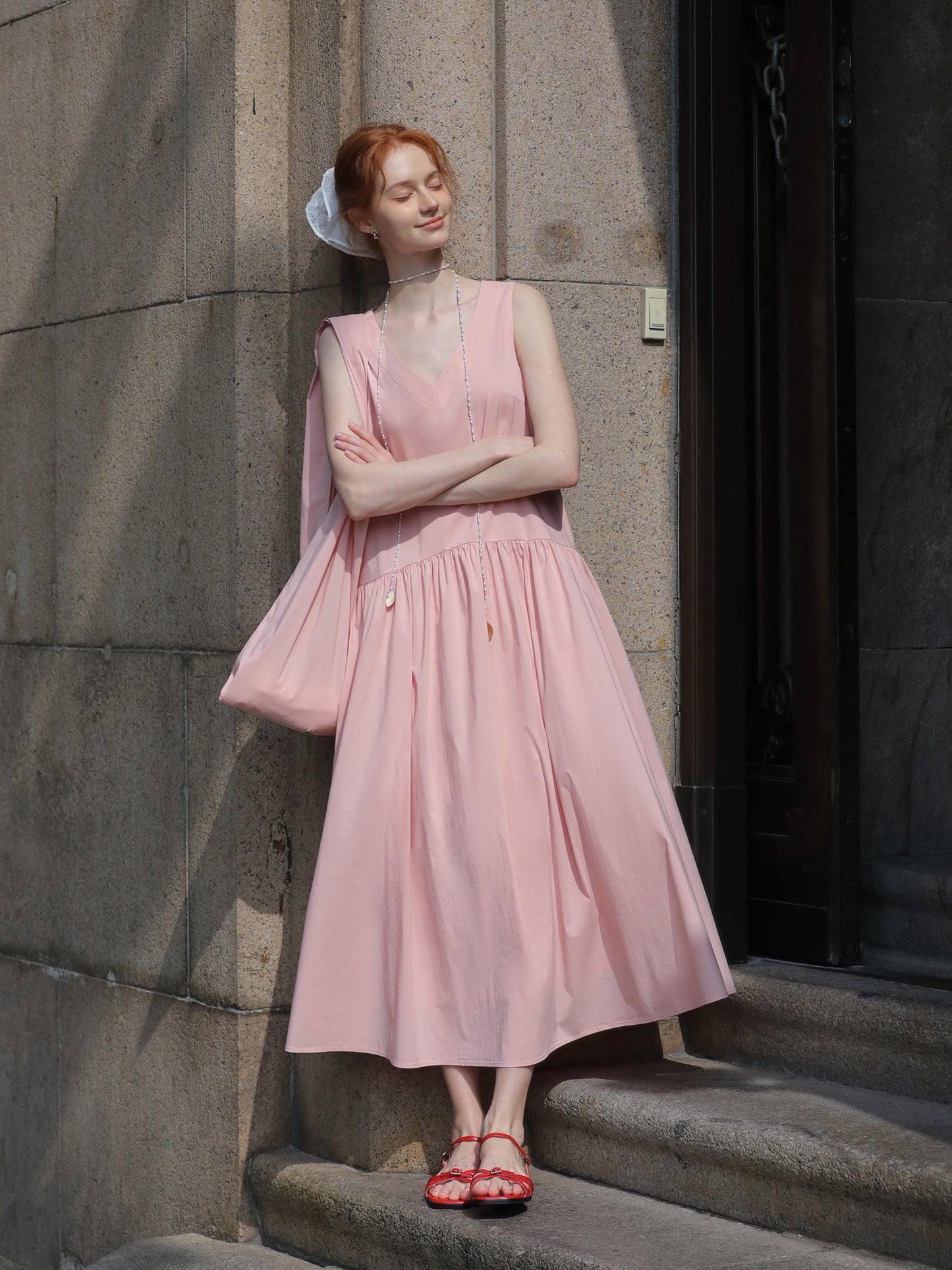 V-Neck Sleeveless Gathered Midi Dress