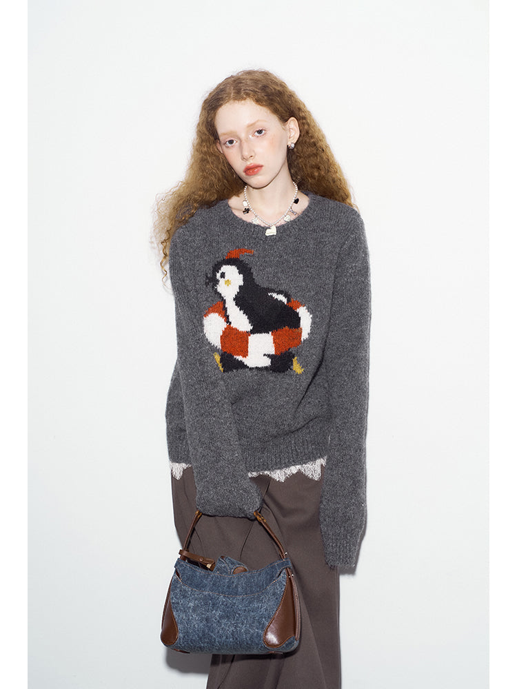 Penguin Jacquard Knit Wool Blend Sweater