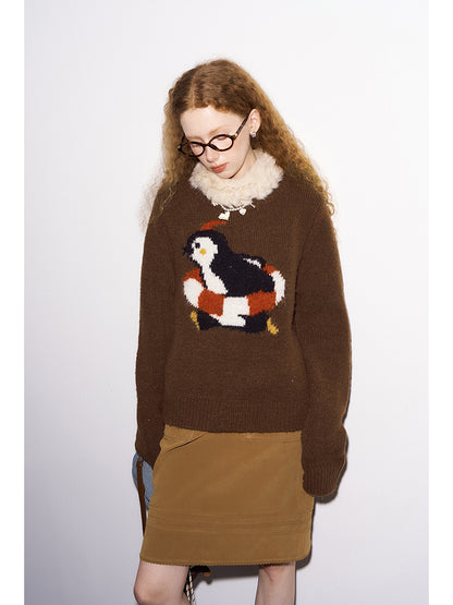 Penguin Jacquard Knit Wool Blend Sweater