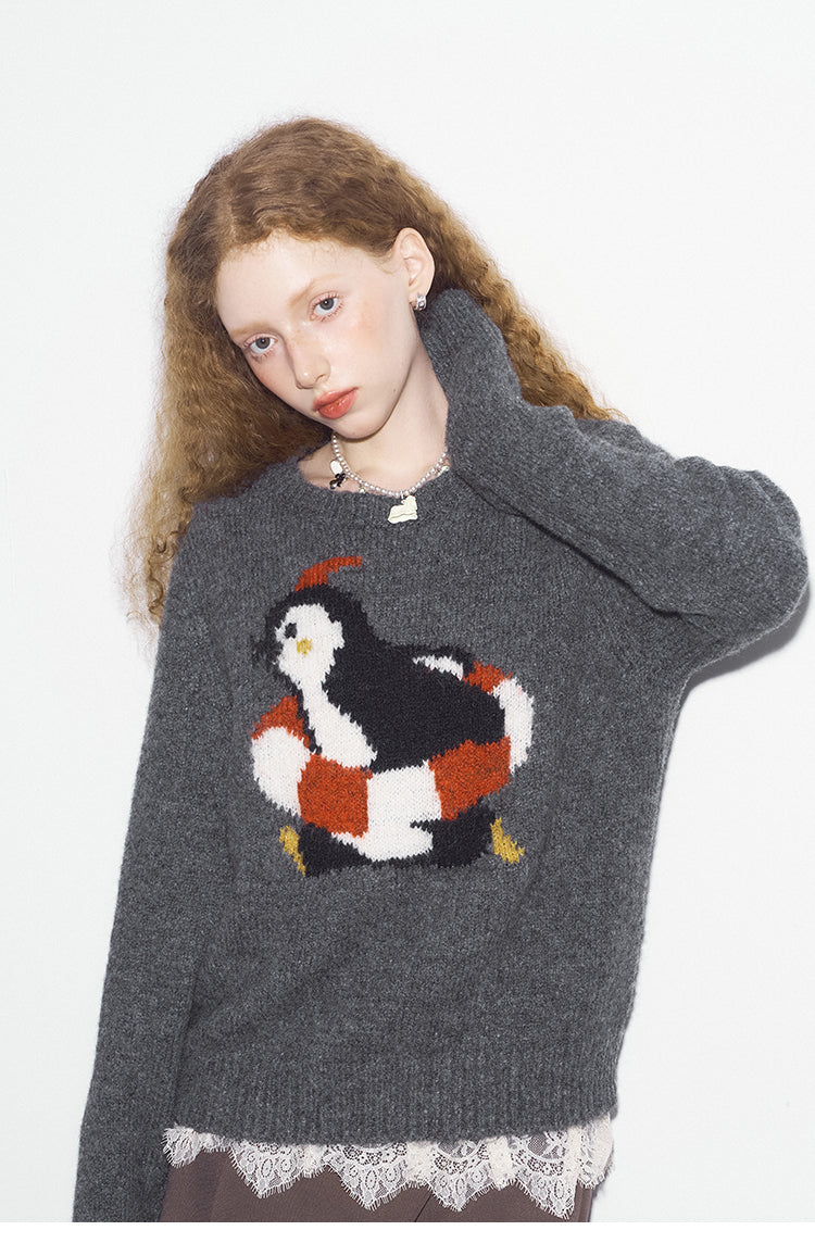 Penguin Jacquard Knit Wool Blend Sweater