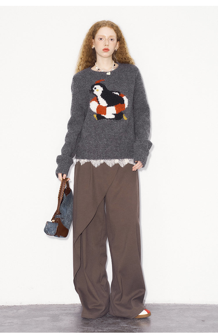 Penguin Jacquard Knit Wool Blend Sweater