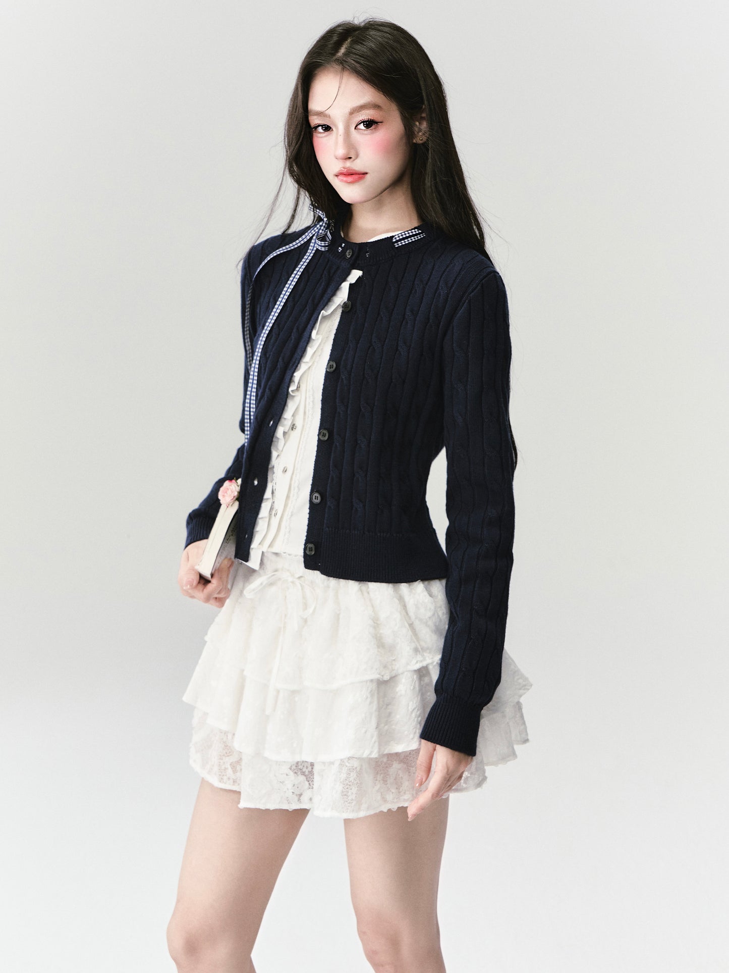 Ruffled Cable Knit Cardigan With Plaid Ribbon Detail