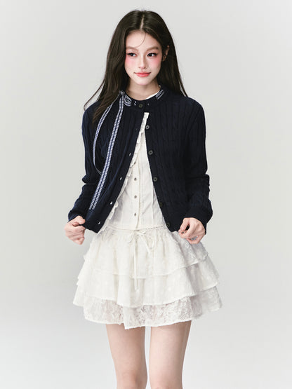 Ruffled Cable Knit Cardigan With Plaid Ribbon Detail