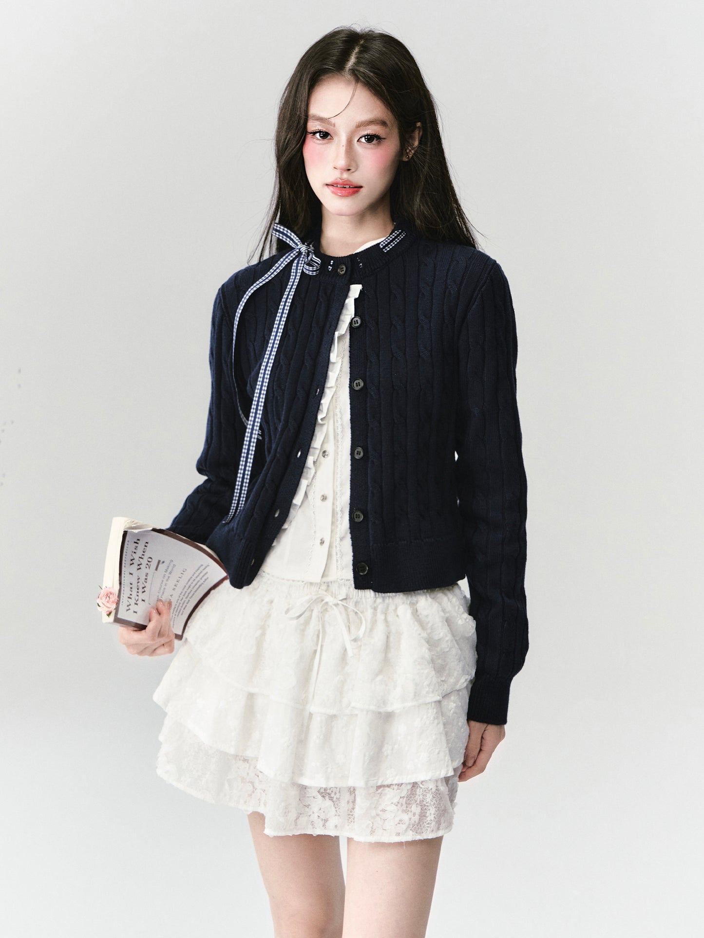 Ruffled Cable Knit Cardigan With Plaid Ribbon Detail