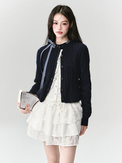 Ruffled Cable Knit Cardigan With Plaid Ribbon Detail