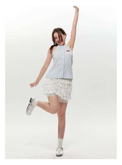 Sleeveless Gingham Seersucker Button-Up Top