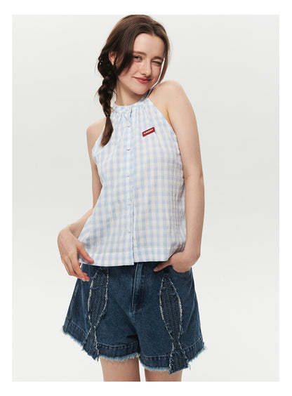 Sleeveless Gingham Seersucker Button-Up Top