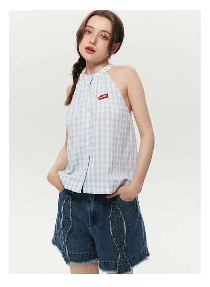 Sleeveless Gingham Seersucker Button-Up Top